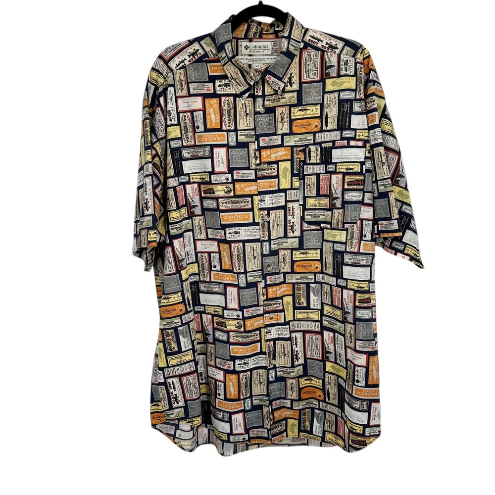 Columbia Men's XLT Button Up Fishing Bait Lure Print Short Sleeve Shirt